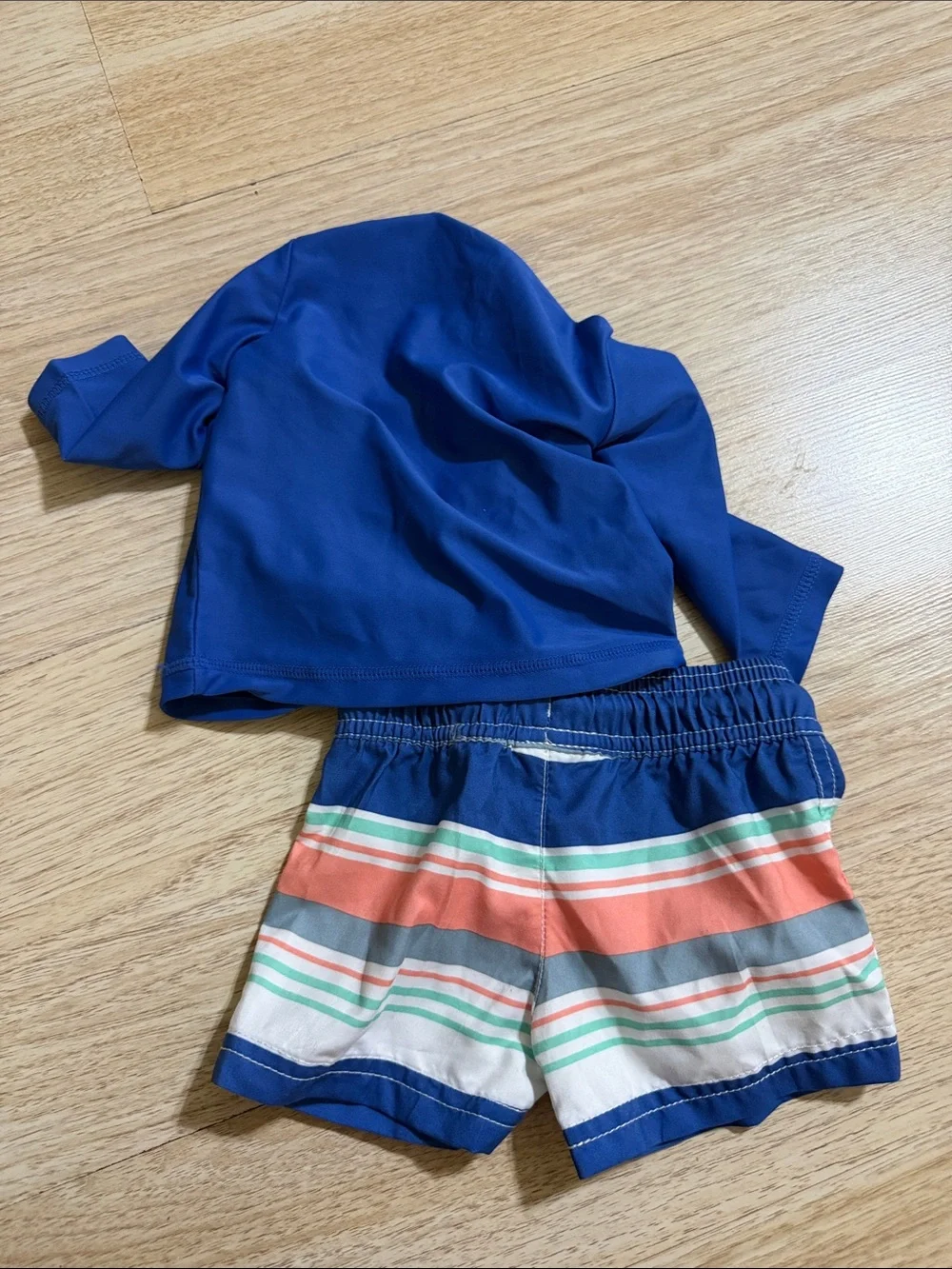 Blue Whale Rash Guard Top and Striped Swim Shorts Set